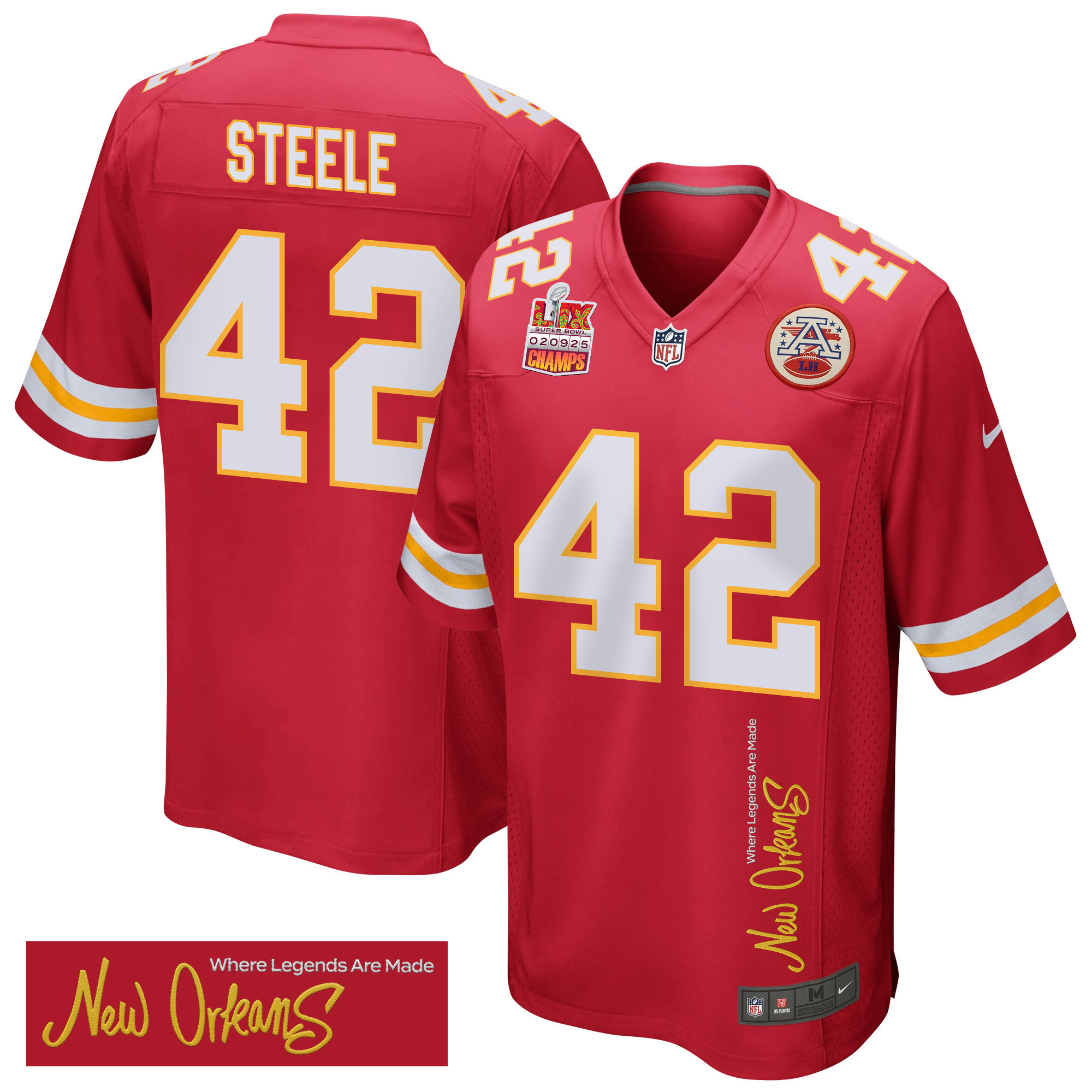 Carson Steele 42 Kansas City Chiefs Super Bowl LIX Champions Patch ‘New Orleans – Where Legends Are Made’ EMBROIDERED Game Men Jersey – Red