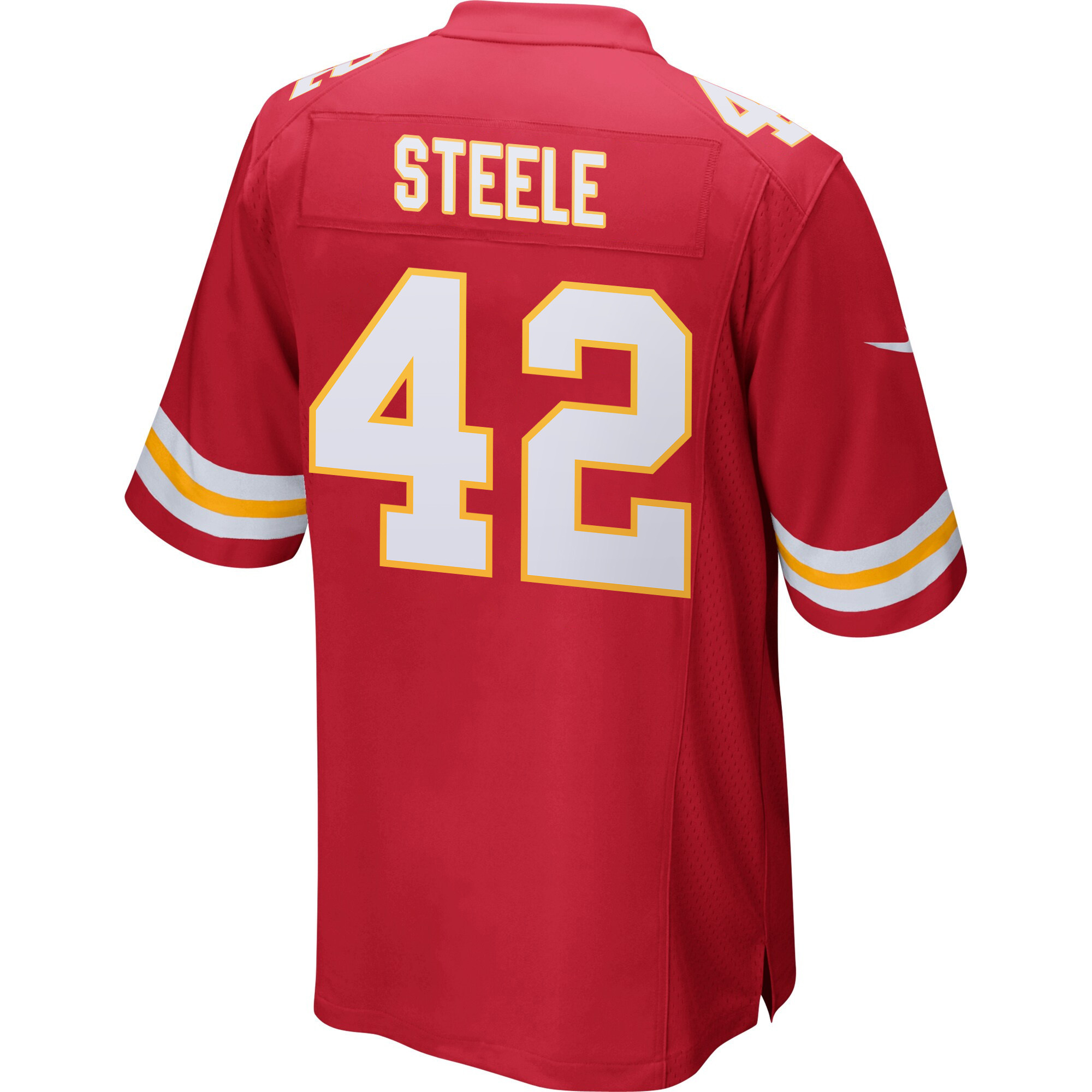 Carson Steele 42 Kansas City Chiefs Super Bowl LIX Champions Patch ‘New Orleans – Where Legends Are Made’ EMBROIDERED Game Men Jersey – Red - Image 2
