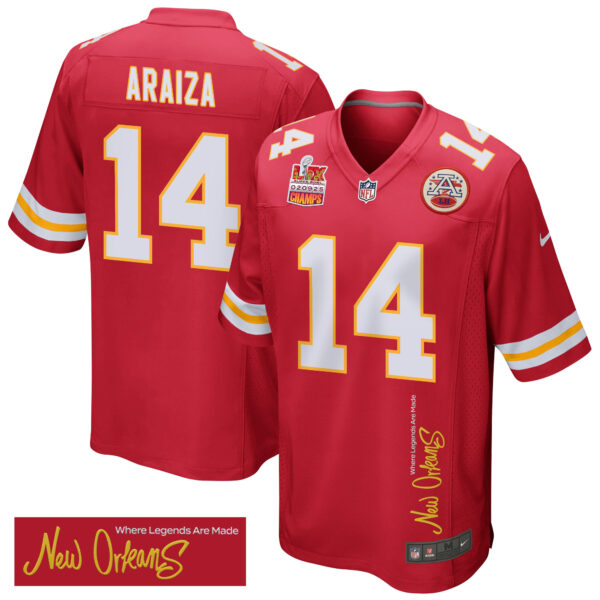 Matt Araiza 14 Kansas City Chiefs Super Bowl LIX Champions Patch ‘New Orleans – Where Legends Are Made’ EMBROIDERED Game Men Jersey – Red