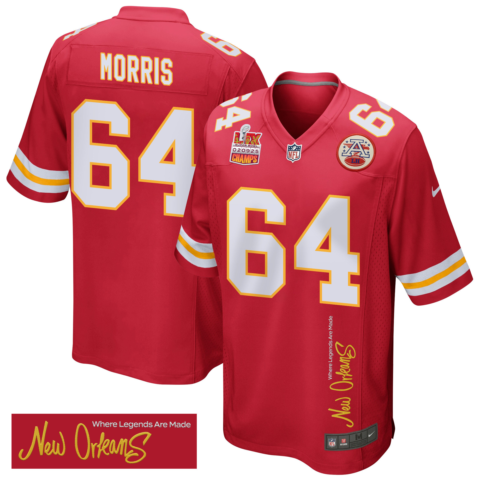 Wanya Morris 64 Kansas City Chiefs Super Bowl LIX Champions Patch ‘New Orleans – Where Legends Are Made’ EMBROIDERED Game Men Jersey – Red
