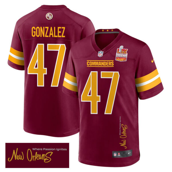 Zane Gonzalez 47 Washington Commanders Super Bowl LIX Champions Patch ‘New Orleans – Where Passion Ignites’ EMBROIDERED Game Men Jersey – Burgundy