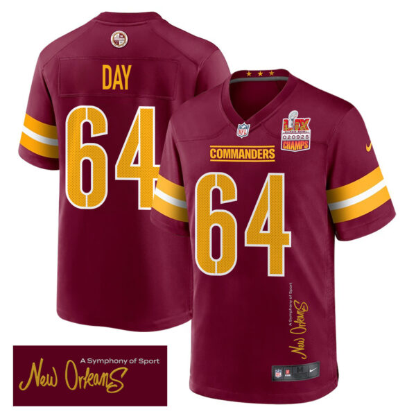 Sheldon Day 64 Washington Commanders Super Bowl LIX Champions Patch ‘New Orleans – A Symphony of Sport’ EMBROIDERED Game Men Jersey – Burgundy