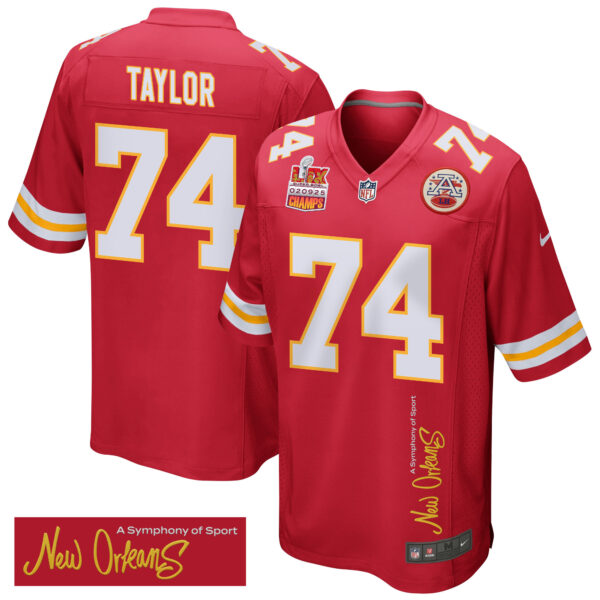 Jawaan Taylor 74 Kansas City Chiefs Super Bowl LIX Champions Patch ‘New Orleans – A Symphony of Sport’ EMBROIDERED Game Men Jersey – Red