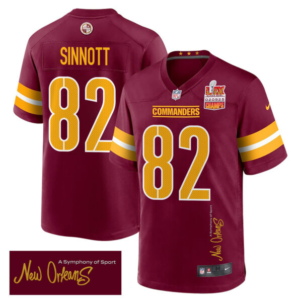 Ben Sinnott 82 Washington Commanders Super Bowl LIX Champions Patch ‘New Orleans – A Symphony of Sport’ EMBROIDERED Game Men Jersey – Burgundy