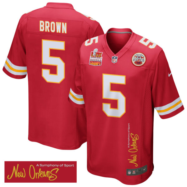 Hollywood Brown 5 Kansas City Chiefs Super Bowl LIX Champions Patch ‘New Orleans – A Symphony of Sport’ EMBROIDERED Game Men Jersey – Red