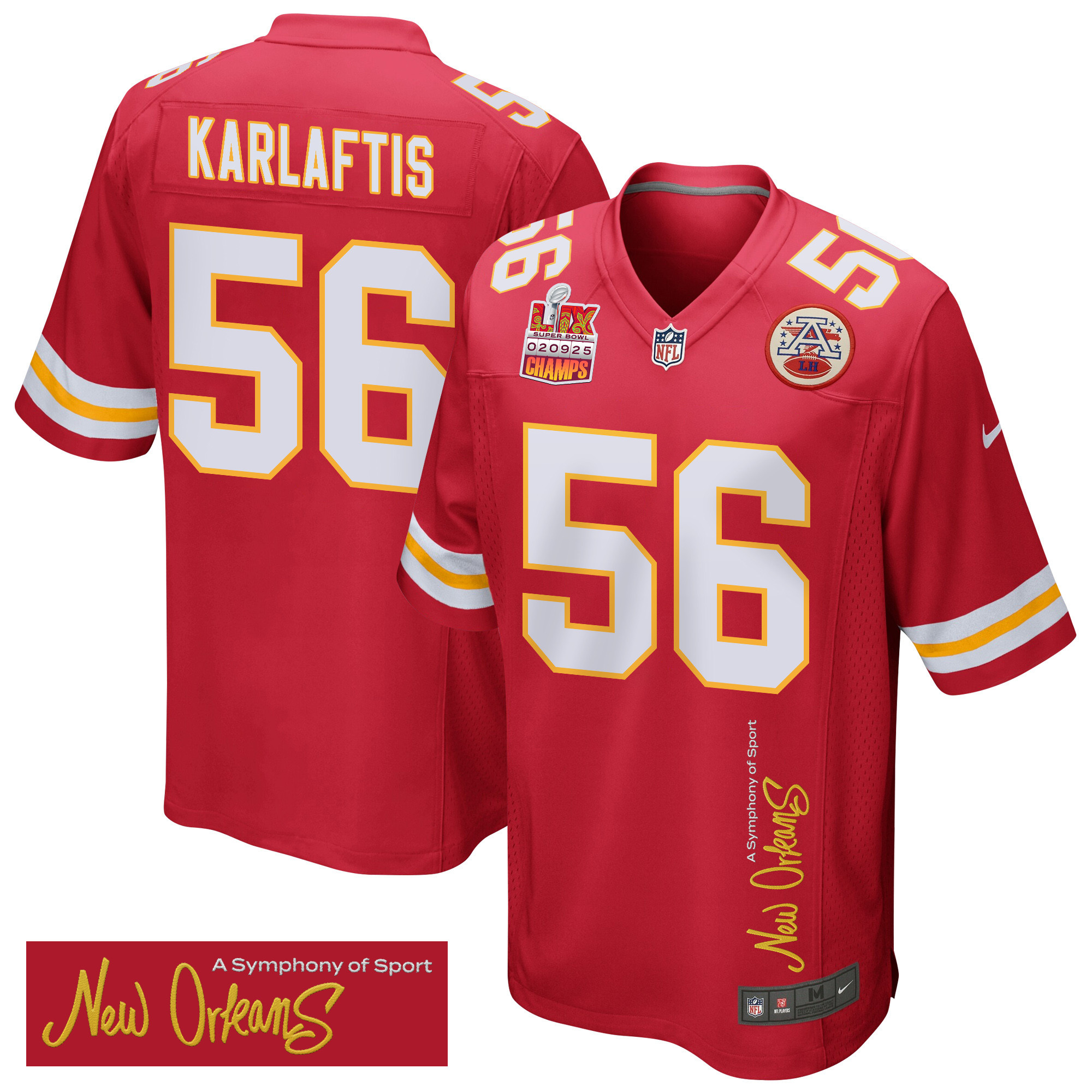George Karlaftis 56 Kansas City Chiefs Super Bowl LIX Champions Patch ‘New Orleans – A Symphony of Sport’ EMBROIDERED Game Men Jersey – Red