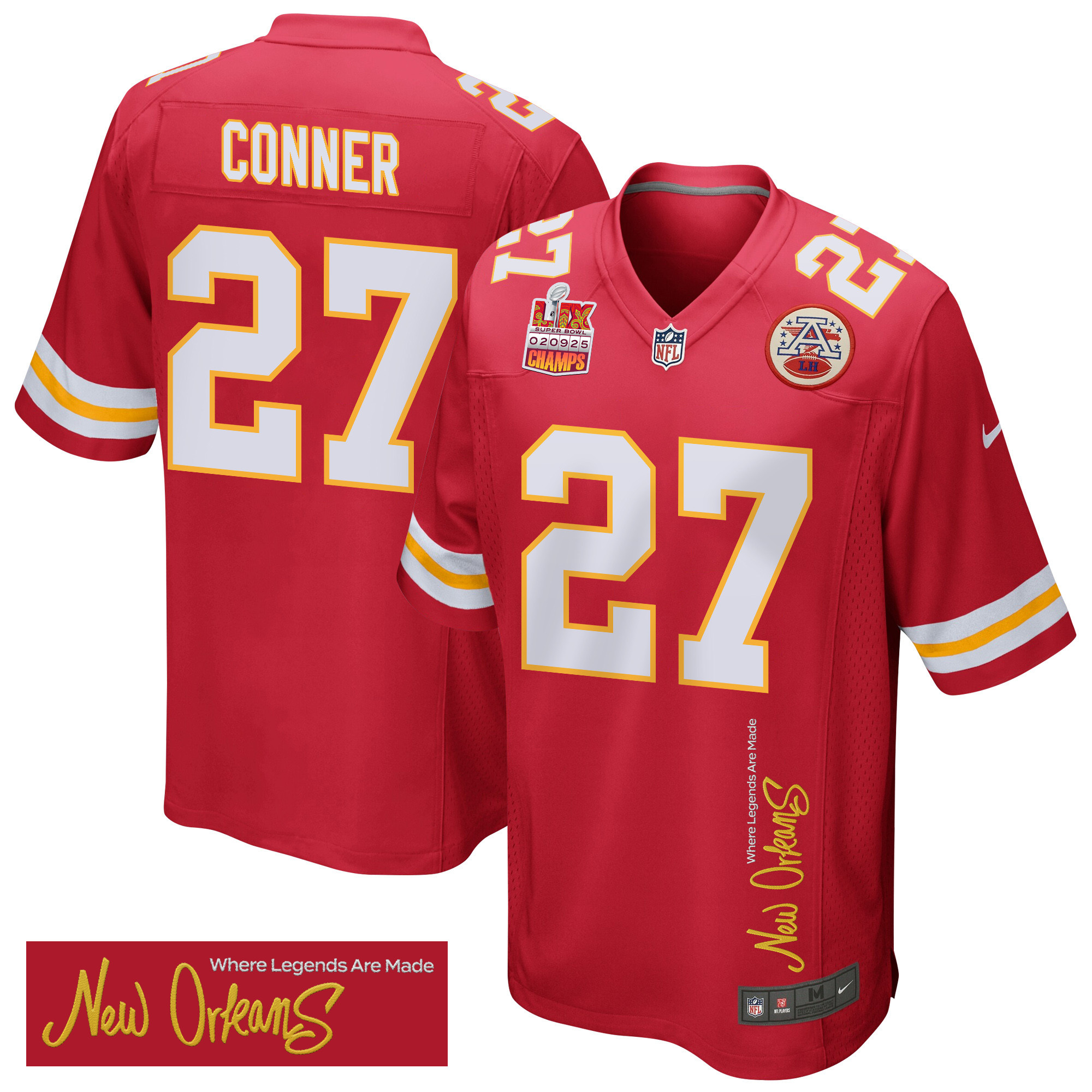 Chamarri Conner 27 Kansas City Chiefs Super Bowl LIX Champions Patch ‘New Orleans – Where Legends Are Made’ EMBROIDERED Game Men Jersey – Red