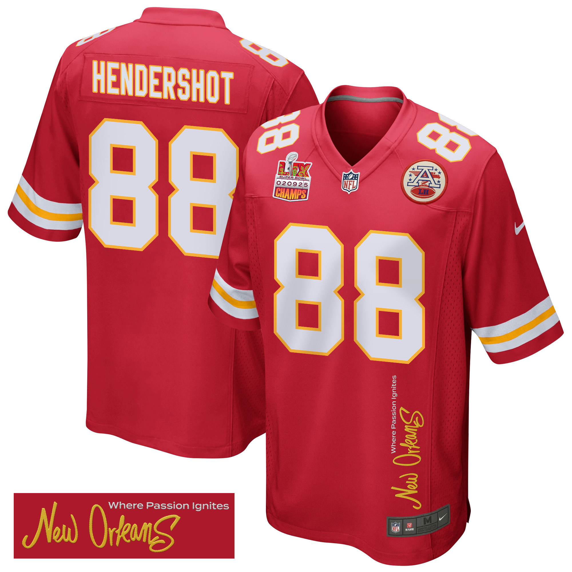 Peyton Hendershot 88 Kansas City Chiefs Super Bowl LIX Champions Patch ‘New Orleans – Where Passion Ignites’ EMBROIDERED Game Men Jersey – Red