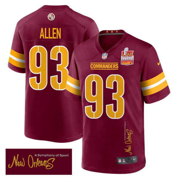Jonathan Allen 93 Washington Commanders Super Bowl LIX Champions Patch ‘New Orleans – A Symphony of Sport’ EMBROIDERED Game Men Jersey – Burgundy
