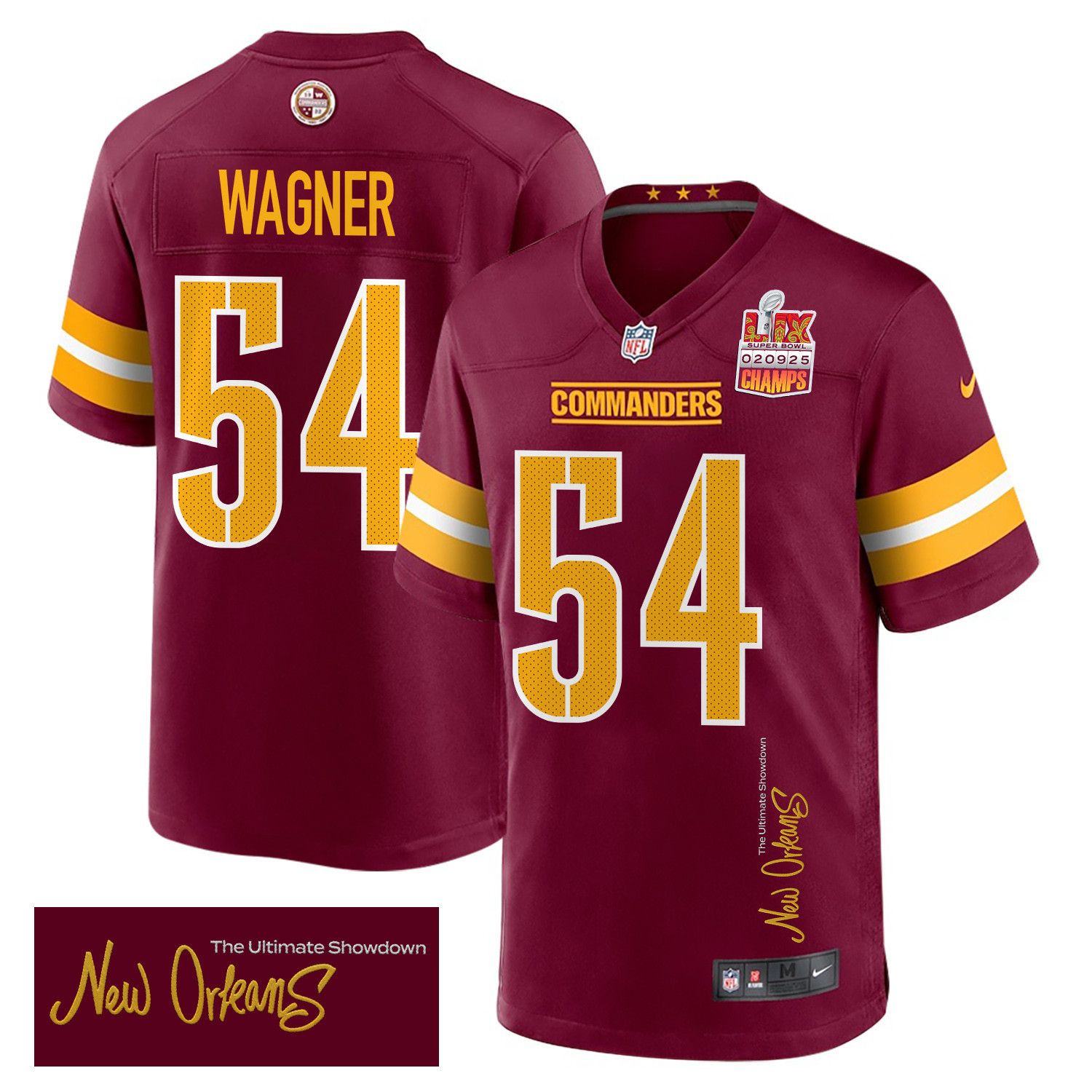 Bobby Wagner 54 Washington Commanders Super Bowl LIX Champions Patch ‘New Orleans – The Ultimate Showdown’ EMBROIDERED Game Men Jersey – Burgundy