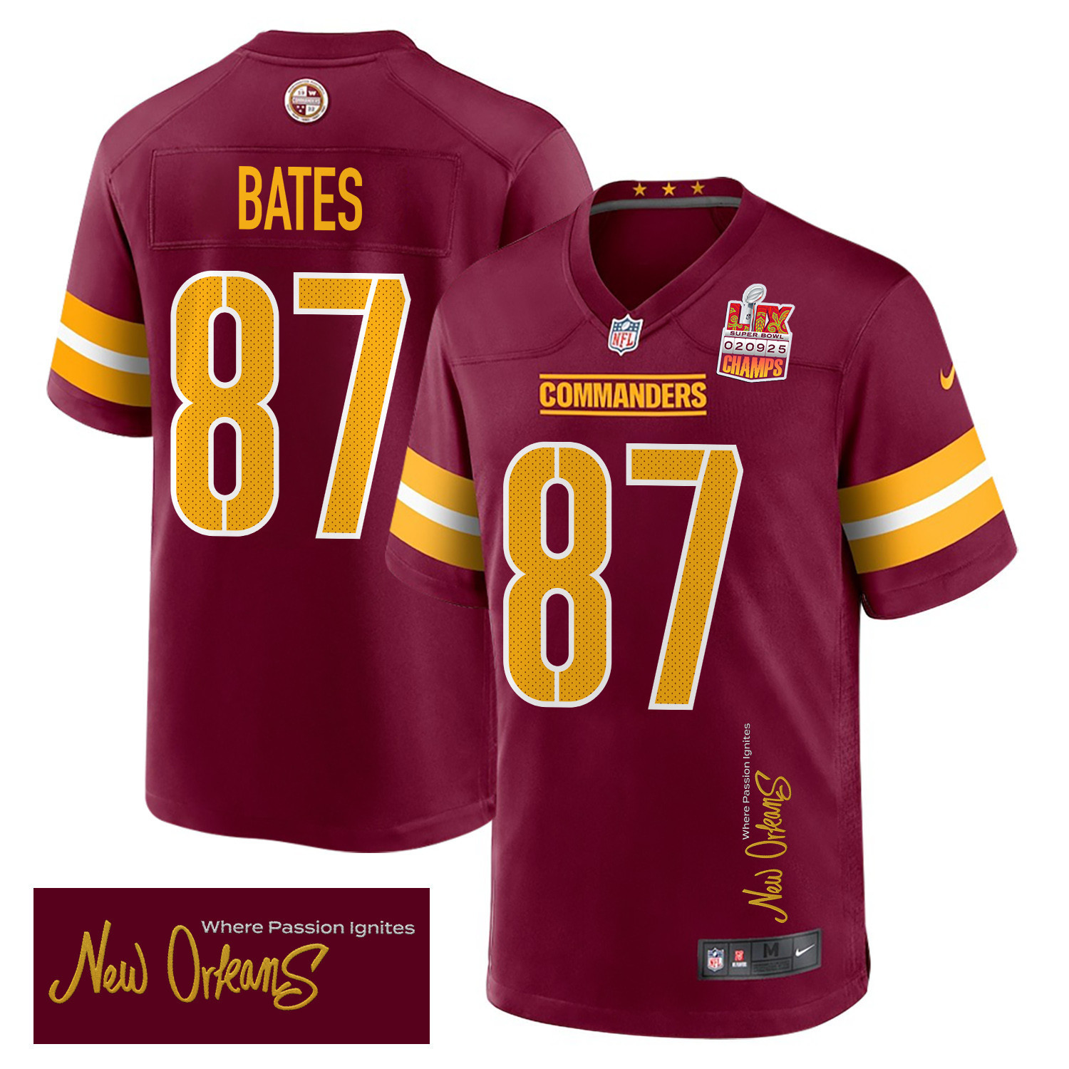 John Bates 87 Washington Commanders Super Bowl LIX Champions Patch ‘New Orleans – Where Passion Ignites’ EMBROIDERED Game Men Jersey – Burgundy