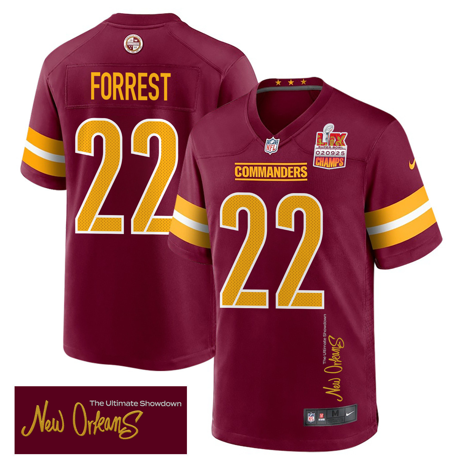Darrick Forrest 22 Washington Commanders Super Bowl LIX Champions Patch ‘New Orleans – The Ultimate Showdown’ EMBROIDERED Game Men Jersey – Burgundy