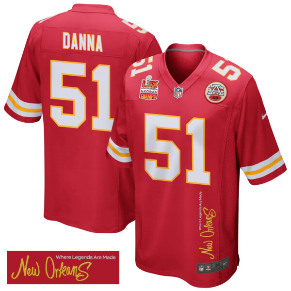 Mike Danna 51 Kansas City Chiefs Super Bowl LIX Champions Patch ‘New Orleans – Where Legends Are Made’ EMBROIDERED Game Men Jersey – Red