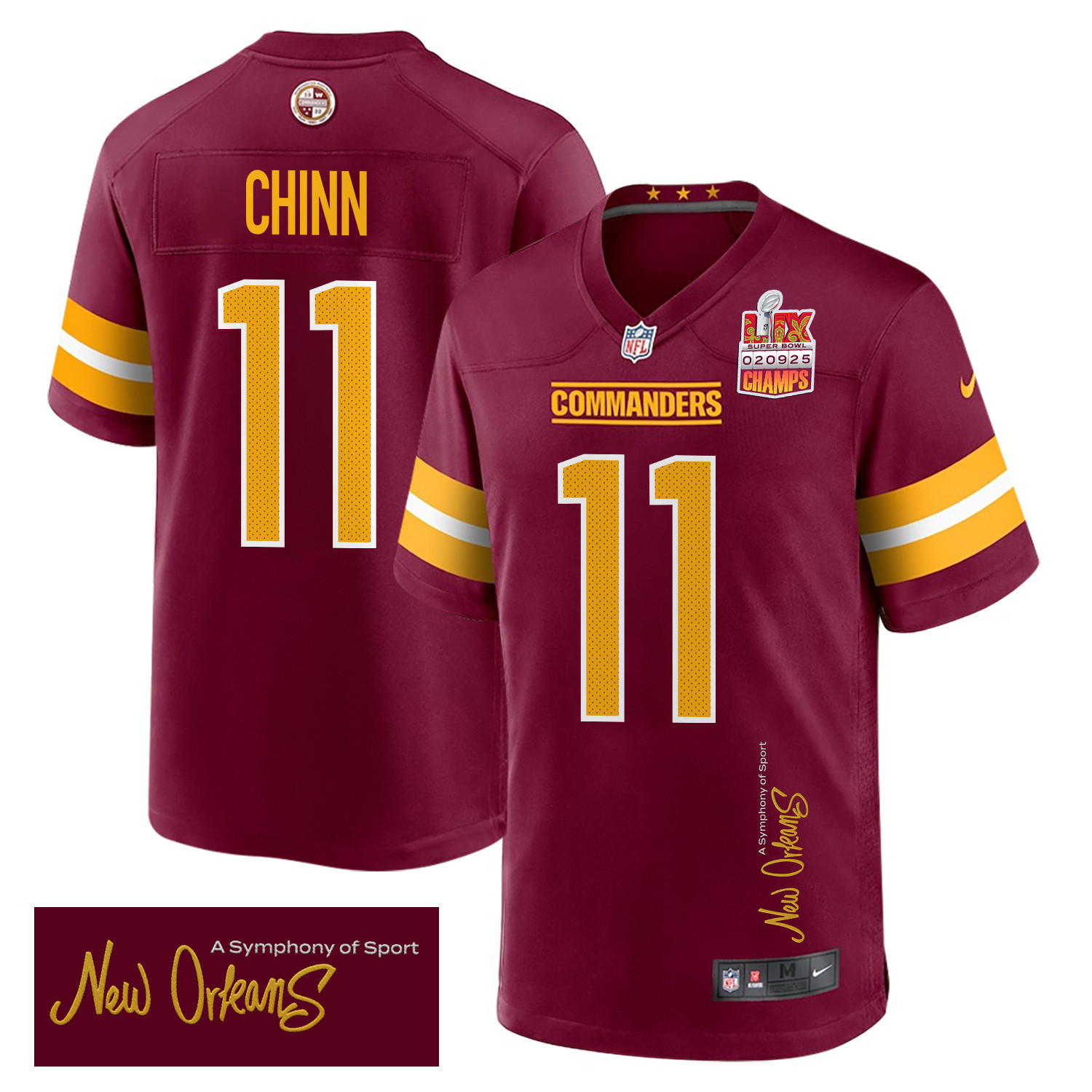 Jeremy Chinn 11 Washington Commanders Super Bowl LIX Champions Patch ‘New Orleans – A Symphony of Sport’ EMBROIDERED Game Men Jersey – Burgundy