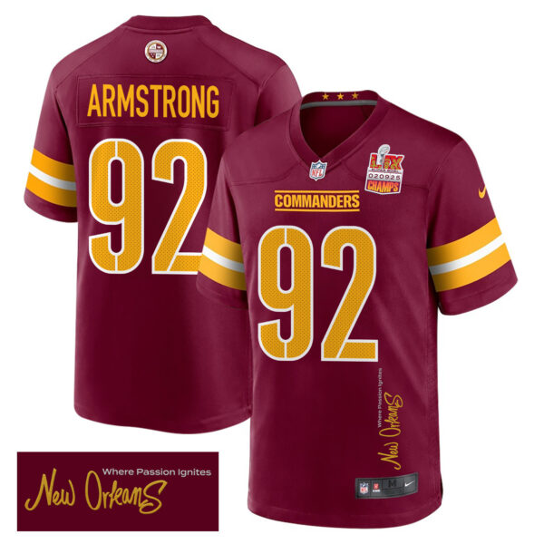Dorance Armstrong 92 Washington Commanders Super Bowl LIX Champions Patch ‘New Orleans – Where Passion Ignites’ EMBROIDERED Game Men Jersey – Burgundy