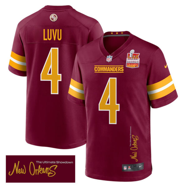 Frankie Luvu 4 Washington Commanders Super Bowl LIX Champions Patch ‘New Orleans – The Ultimate Showdown’ EMBROIDERED Game Men Jersey – Burgundy