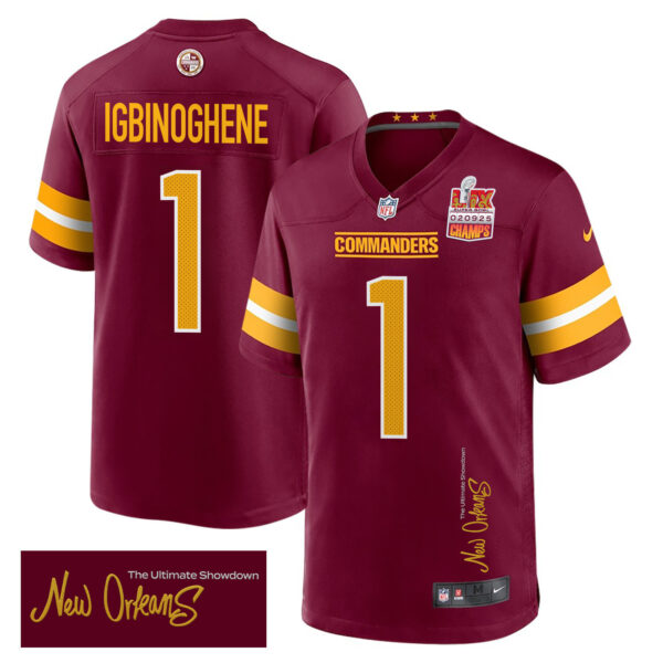 Noah Igbinoghene 1 Washington Commanders Super Bowl LIX Champions Patch ‘New Orleans – The Ultimate Showdown’ EMBROIDERED Game Men Jersey – Burgundy