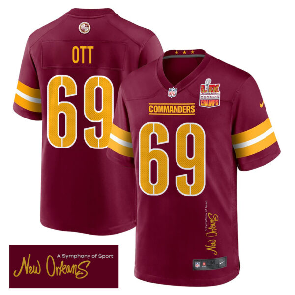 Tyler Ott 69 Washington Commanders Super Bowl LIX Champions Patch ‘New Orleans – A Symphony of Sport’ EMBROIDERED Game Men Jersey – Burgundy