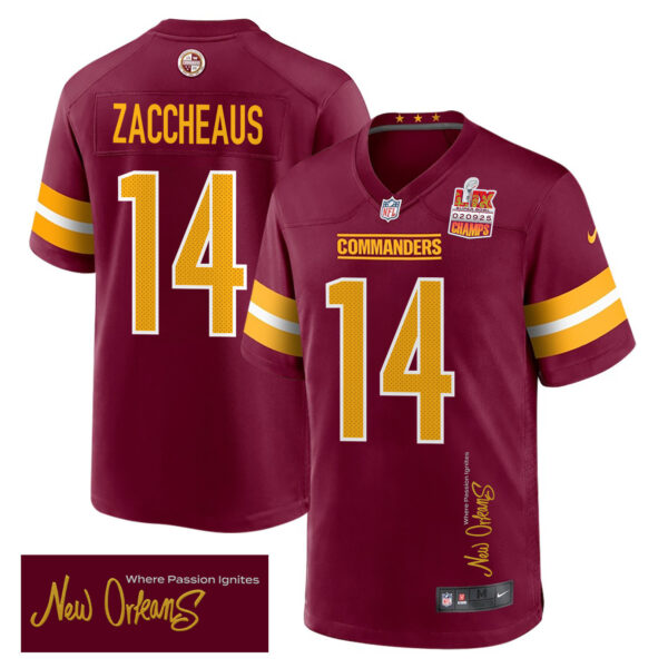 Olamide Zaccheaus 14 Washington Commanders Super Bowl LIX Champions Patch ‘New Orleans – Where Passion Ignites’ EMBROIDERED Game Men Jersey – Burgundy