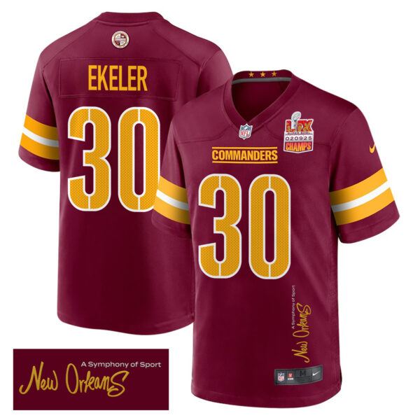Austin Ekeler 30 Washington Commanders Super Bowl LIX Champions Patch ‘New Orleans – A Symphony of Sport’ EMBROIDERED Game Men Jersey – Burgundy