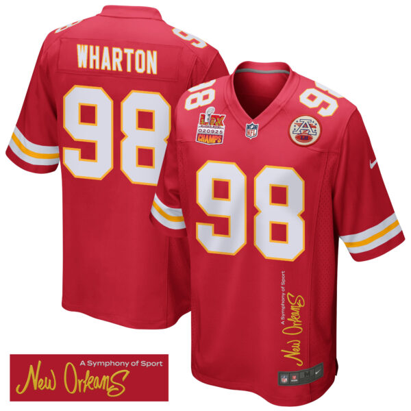 Tershawn Wharton 98 Kansas City Chiefs Super Bowl LIX Champions Patch ‘New Orleans – A Symphony of Sport’ EMBROIDERED Game Men Jersey – Red