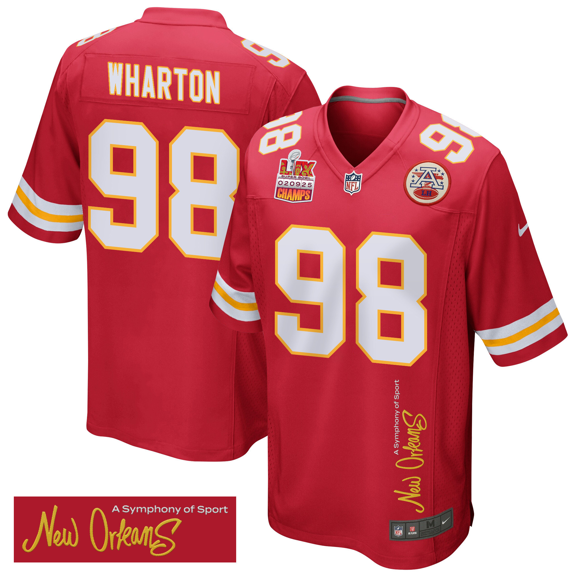 Tershawn Wharton 98 Kansas City Chiefs Super Bowl LIX Champions Patch ‘New Orleans – A Symphony of Sport’ EMBROIDERED Game Men Jersey – Red