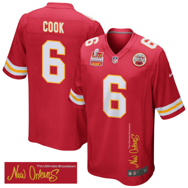 Bryan Cook 6 Kansas City Chiefs Super Bowl LIX Champions Patch ‘New Orleans – The Ultimate Showdown’ EMBROIDERED Game Men Jersey – Red