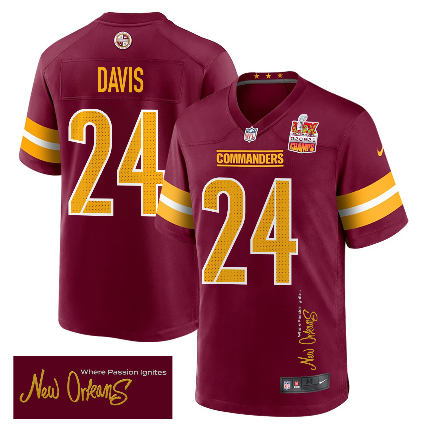 Michael Davis 24 Washington Commanders Super Bowl LIX Champions Patch ‘New Orleans – Where Passion Ignites’ EMBROIDERED Game Men Jersey – Burgundy