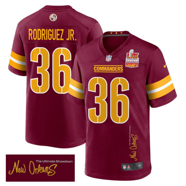 Chris Rodriguez Jr. 36 Washington Commanders Super Bowl LIX Champions Patch ‘New Orleans – The Ultimate Showdown’ EMBROIDERED Game Men Jersey – Burgundy