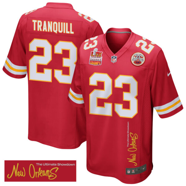 Drue Tranquill 23 Kansas City Chiefs Super Bowl LIX Champions Patch ‘New Orleans – The Ultimate Showdown’ EMBROIDERED Game Men Jersey – Red
