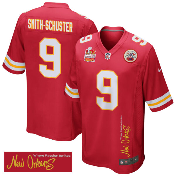 JuJu Smith-Schuster 9 Kansas City Chiefs Super Bowl LIX Champions Patch ‘New Orleans – Where Passion Ignites’ EMBROIDERED Game Men Jersey – Red
