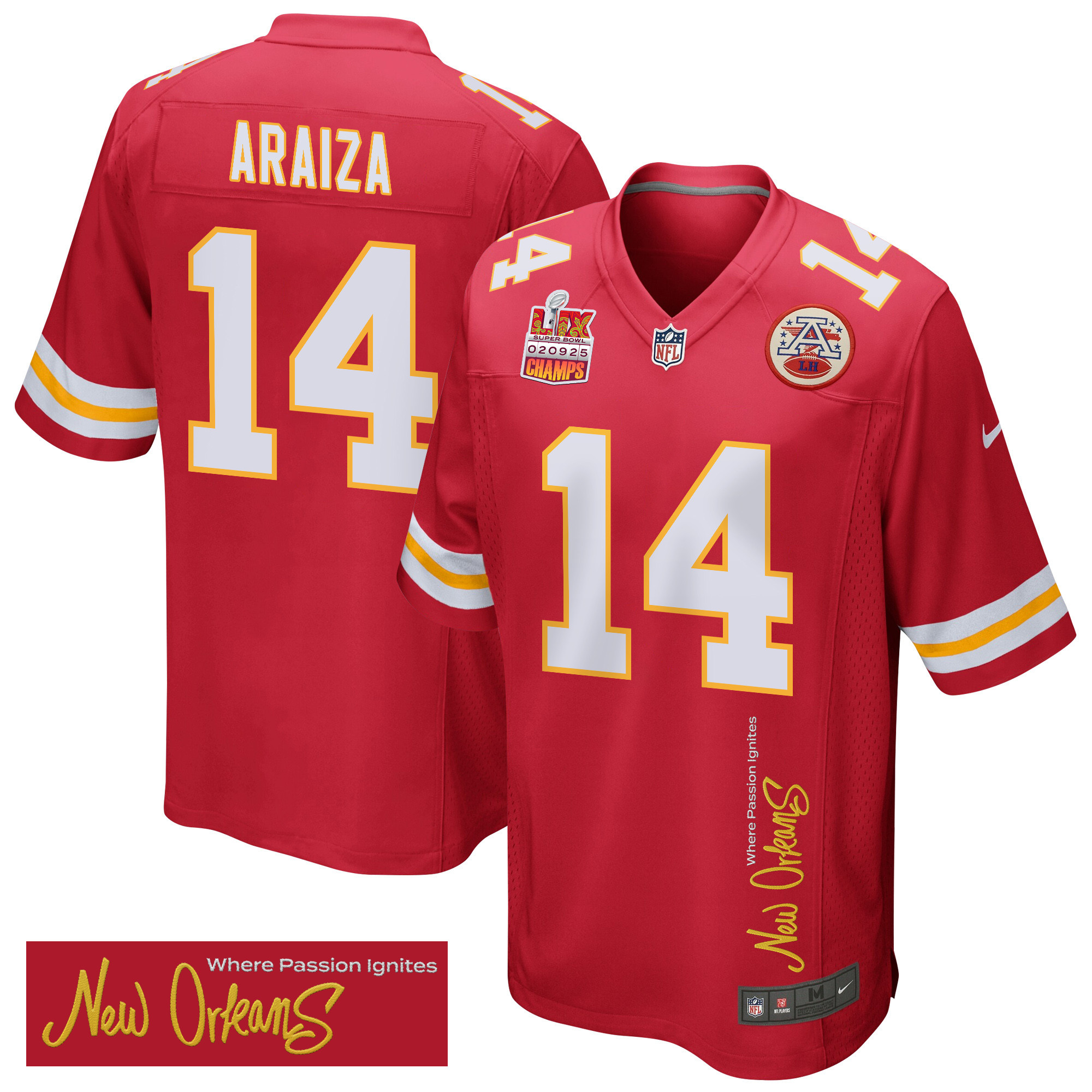 Matt Araiza 14 Kansas City Chiefs Super Bowl LIX Champions Patch ‘New Orleans – Where Passion Ignites’ EMBROIDERED Game Men Jersey – Red
