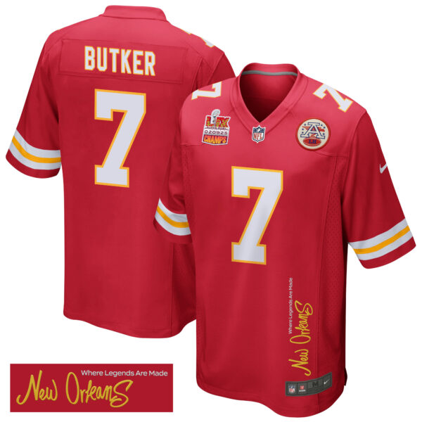 Harrison Butker 7 Kansas City Chiefs Super Bowl LIX Champions Patch ‘New Orleans – Where Legends Are Made’ EMBROIDERED Game Men Jersey – Red