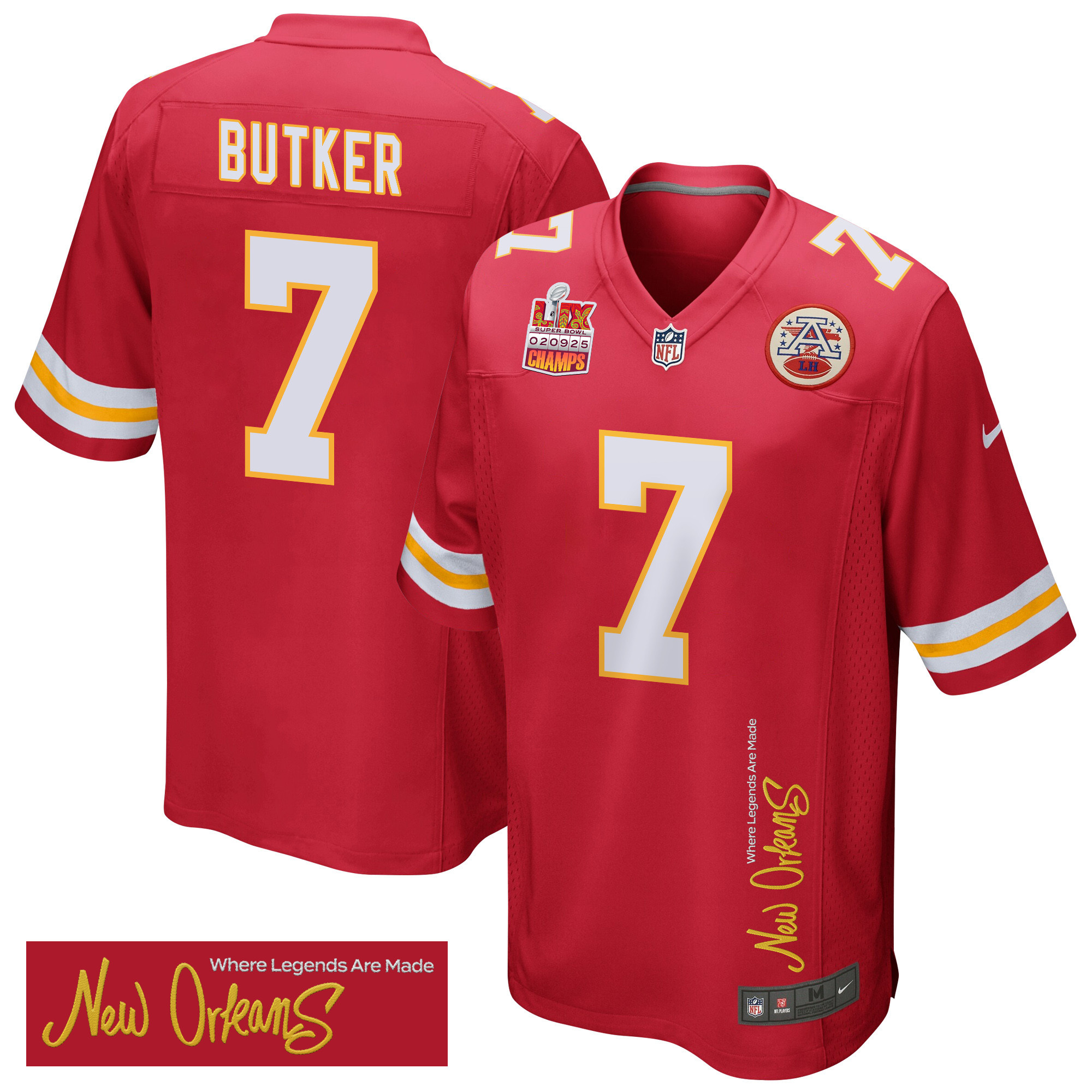 Harrison Butker 7 Kansas City Chiefs Super Bowl LIX Champions Patch ‘New Orleans – Where Legends Are Made’ EMBROIDERED Game Men Jersey – Red
