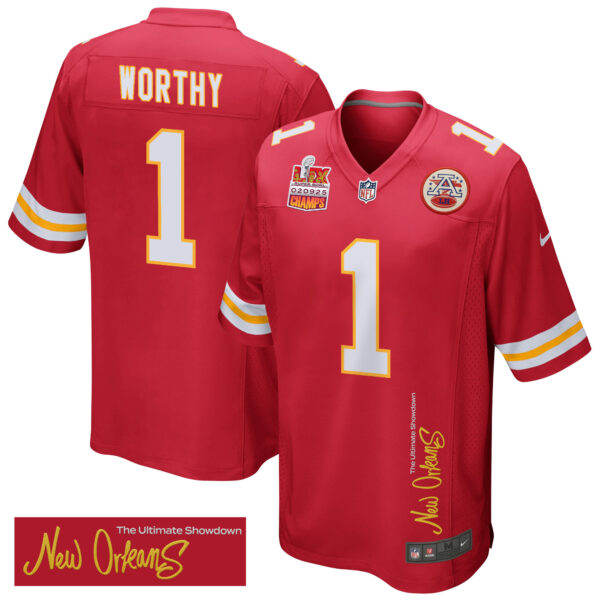Xavier Worthy 1 Kansas City Chiefs Super Bowl LIX Champions Patch ‘New Orleans – The Ultimate Showdown’ EMBROIDERED Game Men Jersey – Red