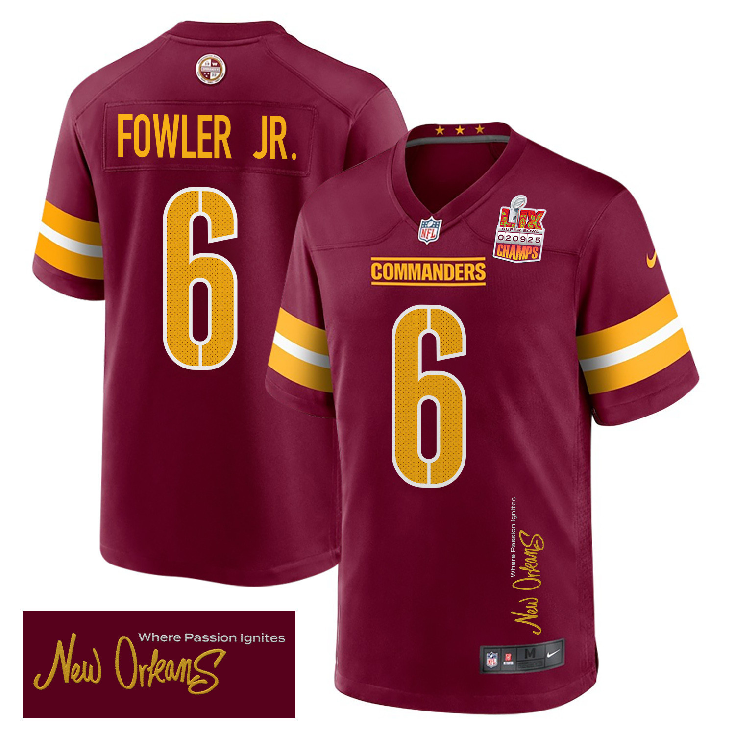 Dante Fowler Jr. 6 Washington Commanders Super Bowl LIX Champions Patch ‘New Orleans – Where Passion Ignites’ EMBROIDERED Game Men Jersey – Burgundy