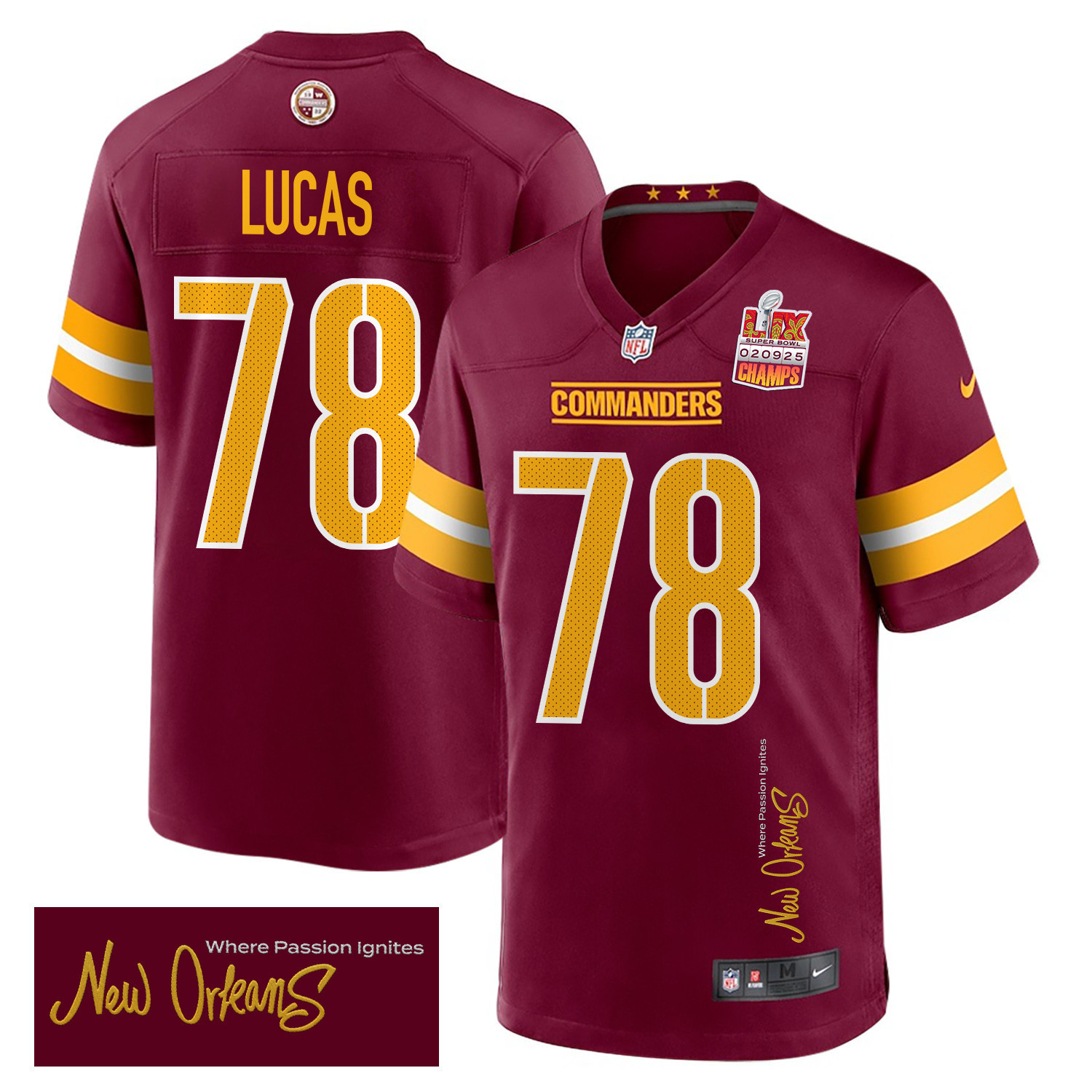 Cornelius Lucas 78 Washington Commanders Super Bowl LIX Champions Patch ‘New Orleans – Where Passion Ignites’ EMBROIDERED Game Men Jersey – Burgundy