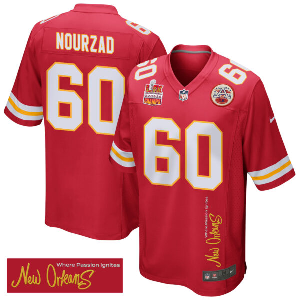 Hunter Nourzad 60 Kansas City Chiefs Super Bowl LIX Champions Patch ‘New Orleans – Where Passion Ignites’ EMBROIDERED Game Men Jersey – Red