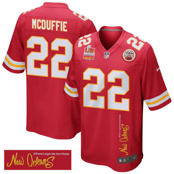 Trent McDuffie 22 Kansas City Chiefs Super Bowl LIX Champions Patch ‘New Orleans – Where Legends Are Made’ EMBROIDERED Game Men Jersey – Red