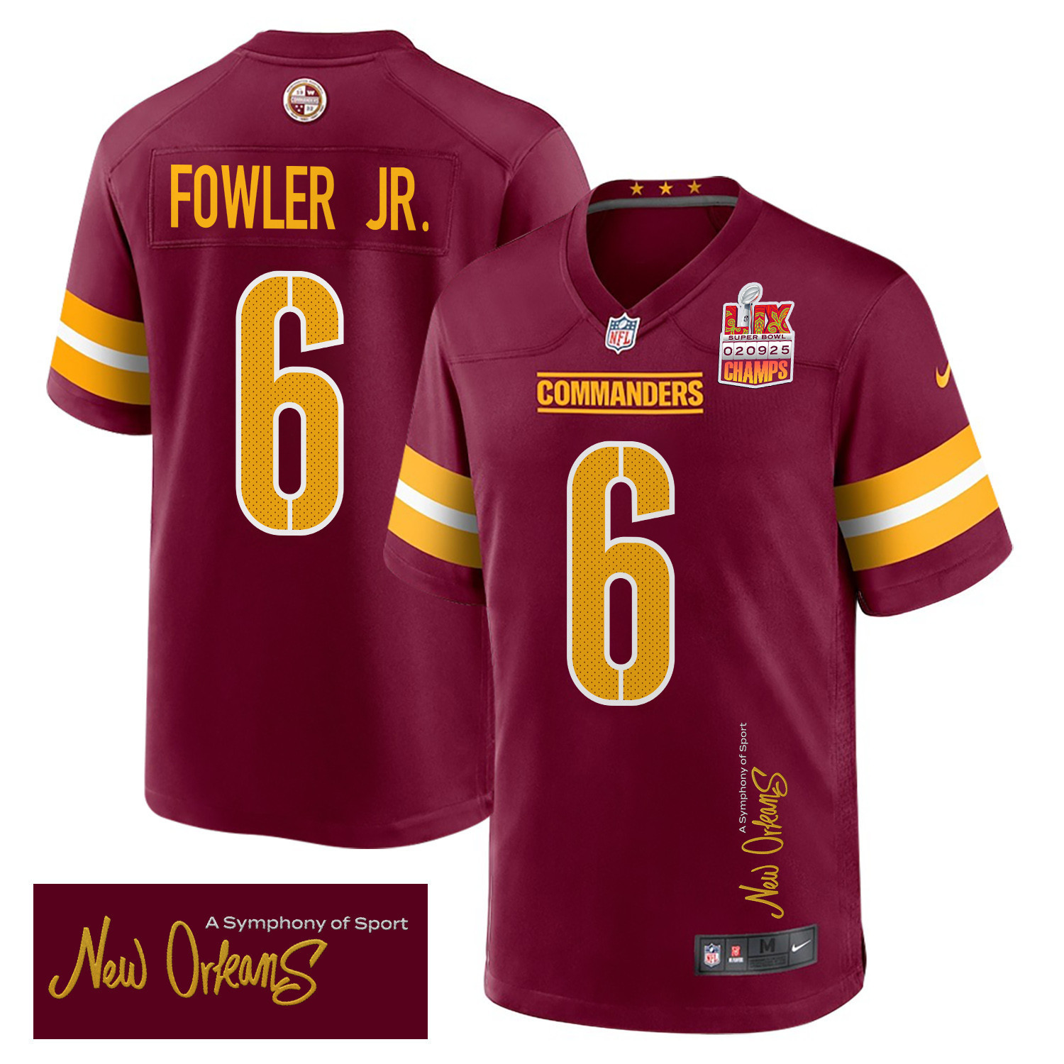 Dante Fowler Jr. 6 Washington Commanders Super Bowl LIX Champions Patch ‘New Orleans – A Symphony of Sport’ EMBROIDERED Game Men Jersey – Burgundy