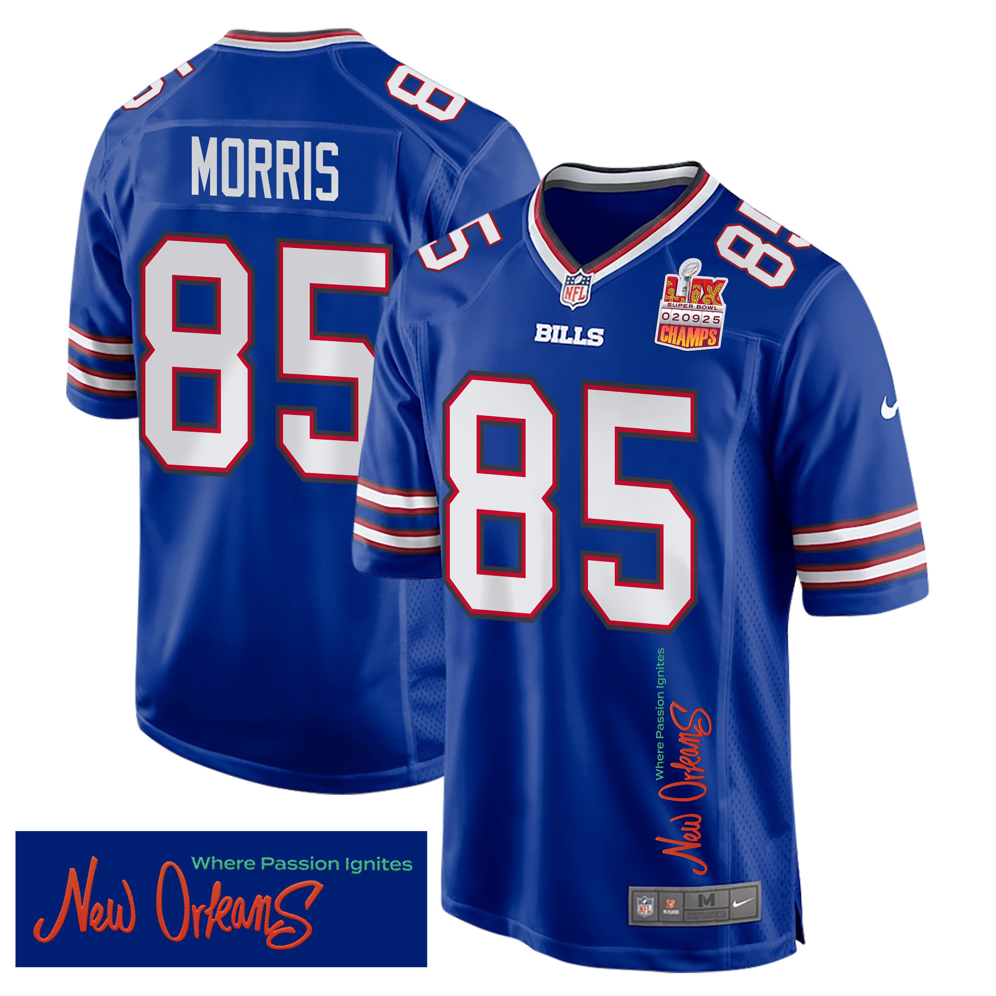 Quintin Morris 85 Buffalo Bills Super Bowl LIX Champions Patch ‘New Orleans – Where Passion Ignites’ EMBROIDERED Game Men Jersey – Royal