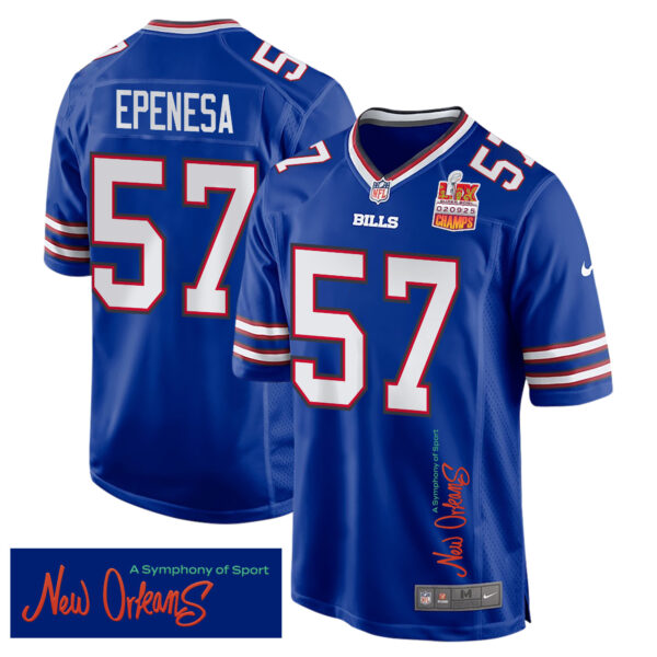 A.J. Epenesa 57 Buffalo Bills Super Bowl LIX Champions Patch ‘New Orleans – A Symphony of Sport’ EMBROIDERED Game Men Jersey – Royal