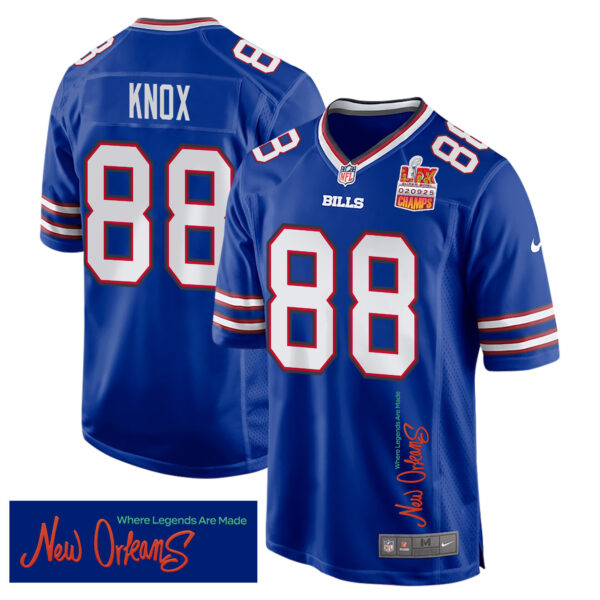 Dawson Knox 88 Buffalo Bills Super Bowl LIX Champions Patch ‘New Orleans – Where Legends Are Made’ EMBROIDERED Game Men Jersey – Royal