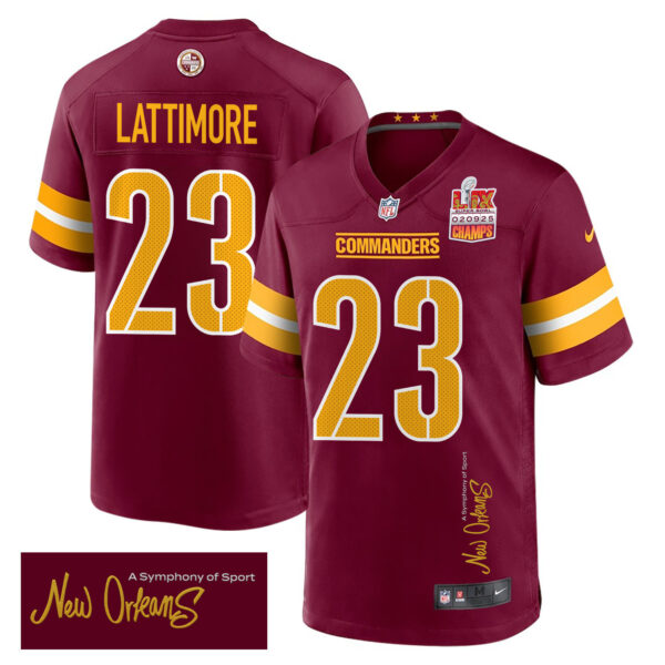 Marshon Lattimore 23 Washington Commanders Super Bowl LIX Champions Patch ‘New Orleans – A Symphony of Sport’ EMBROIDERED Game Men Jersey – Burgundy