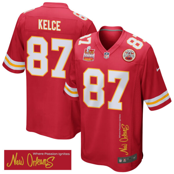 Travis Kelce 87 Kansas City Chiefs Super Bowl LIX Champions Patch ‘New Orleans – Where Passion Ignites’ EMBROIDERED Game Men Jersey – Red