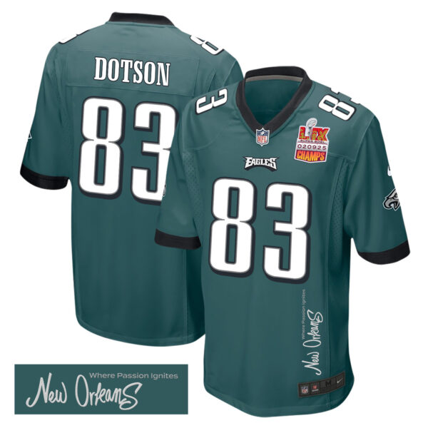 Jahan Dotson 83 Philadelphia Eagles Super Bowl LIX Champions Patch ‘New Orleans – Where Passion Ignites’ EMBROIDERED Game Men Jersey – Midnight Green