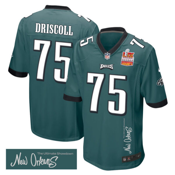 Jack Driscoll 75 Philadelphia Eagles Super Bowl LIX Champions Patch ‘New Orleans – The Ultimate Showdown’ EMBROIDERED Game Men Jersey – Midnight Green