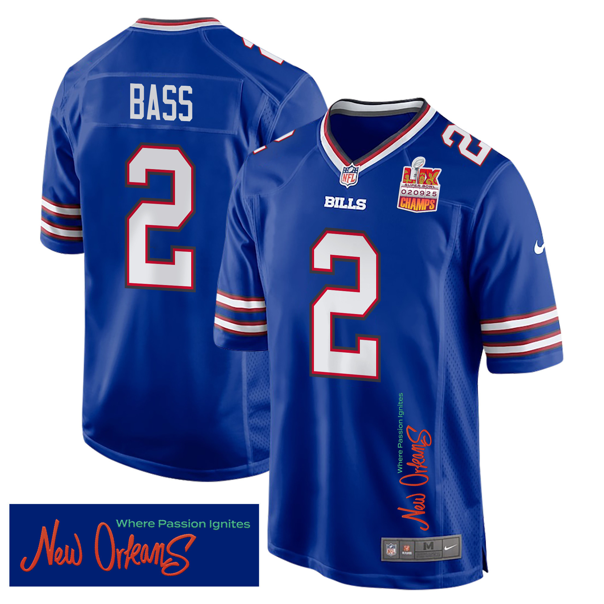 Tyler Bass 2 Buffalo Bills Super Bowl LIX Champions Patch ‘New Orleans – Where Passion Ignites’ EMBROIDERED Game Men Jersey – Royal