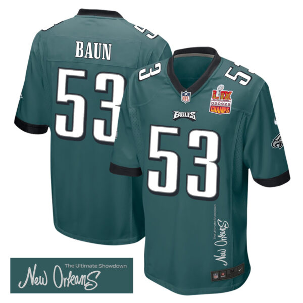 Zack Baun 53 Philadelphia Eagles Super Bowl LIX Champions Patch ‘New Orleans – The Ultimate Showdown’ EMBROIDERED Game Men Jersey – Midnight Green