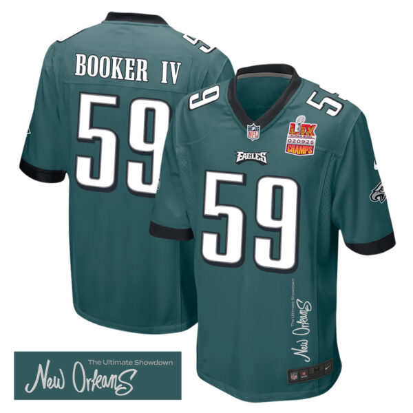 Thomas Booker IV 59 Philadelphia Eagles Super Bowl LIX Champions Patch ‘New Orleans – The Ultimate Showdown’ EMBROIDERED Game Men Jersey – Midnight Green